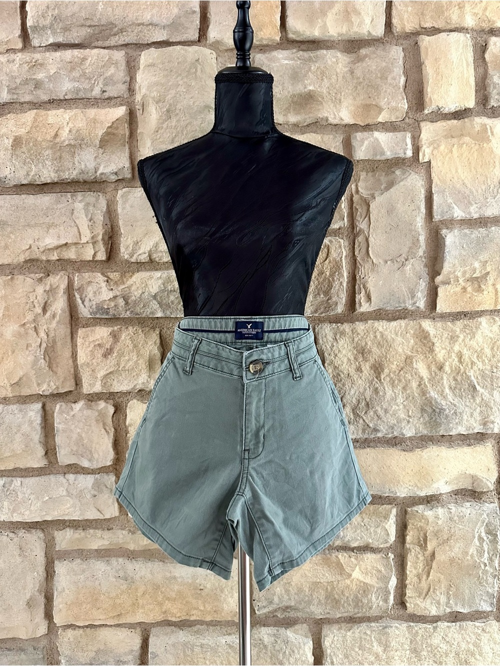 American Eagle Outfitters High-Waist Sage Green Angled Hem Shorts